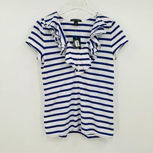 NWT Lauren Ralph Lauren Size Small Blue & White Striped Ruffled Neckline Top